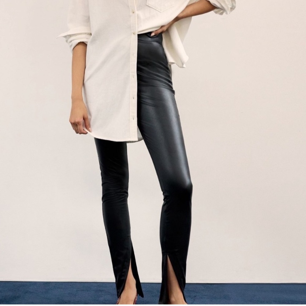 Avec Les Filles High-Waisted Faux Leather Slit Leggings, NWT, Large Petite